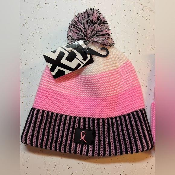 Think Pink Breast Cancer Knitted Stocking Hat Winter Ribbon Winter Cap Womens - Picture 2 of 6